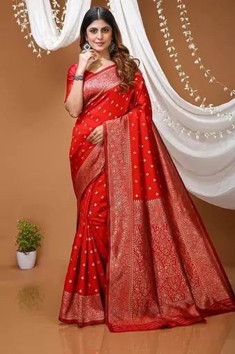 red silk blend zari saree with blouse