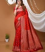 red silk blend zari saree with blouse