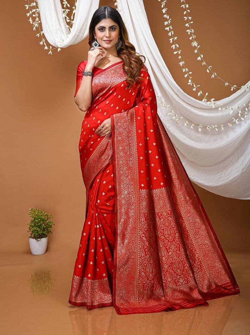 red silk blend zari saree with blouse