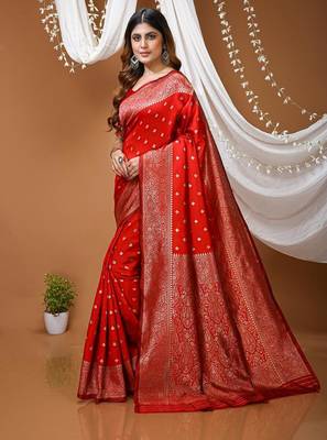 red silk blend zari saree with blouse 2