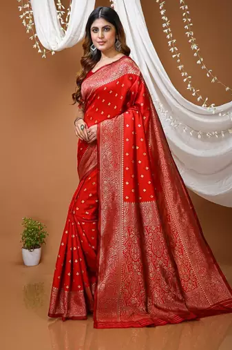 red silk blend zari saree with blouse