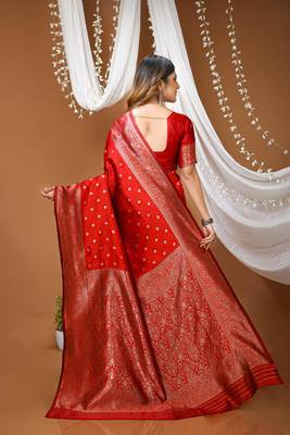 red silk blend zari saree with blouse 3