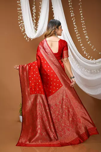 red silk blend zari saree with blouse