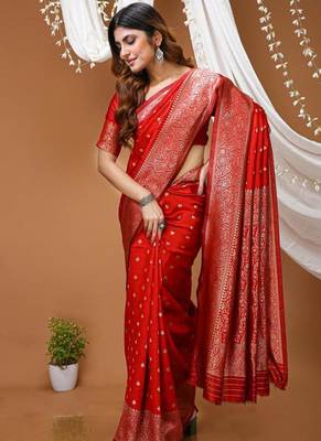 red silk blend zari saree with blouse 4