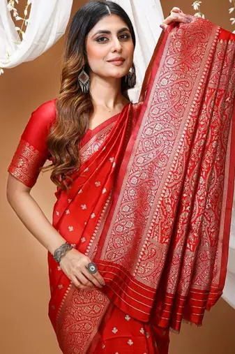 red silk blend zari saree with blouse