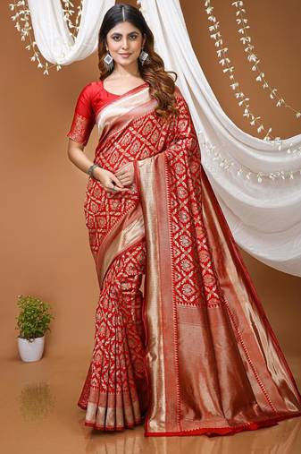 red silk blend zari saree with blouse