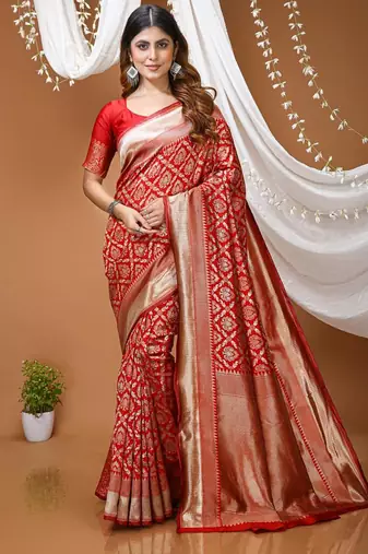 red silk blend zari saree with blouse