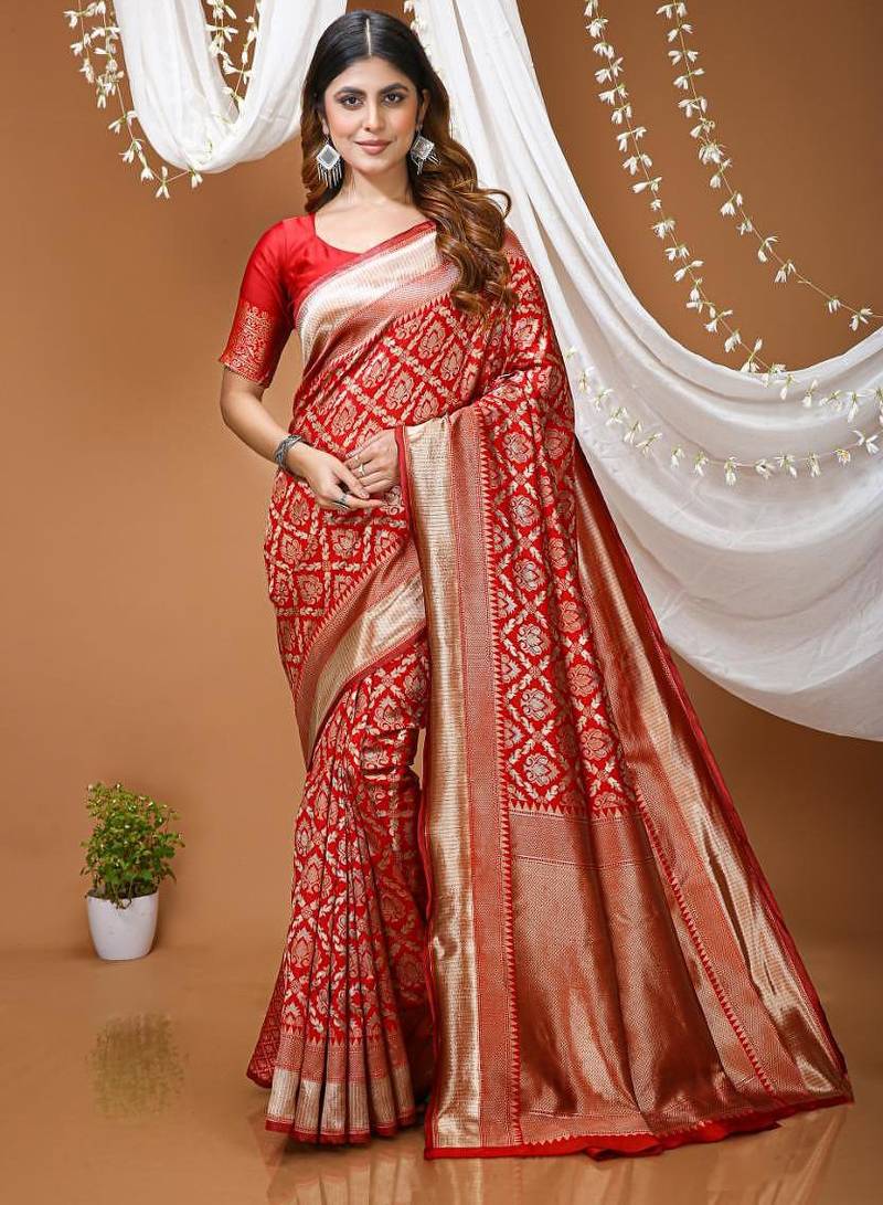 red silk blend zari saree with blouse