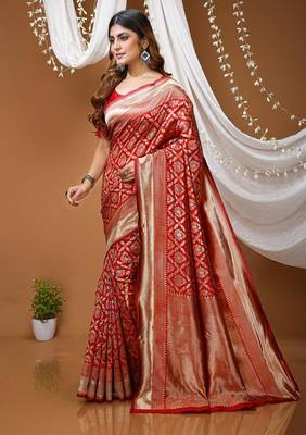 red silk blend zari saree with blouse 2