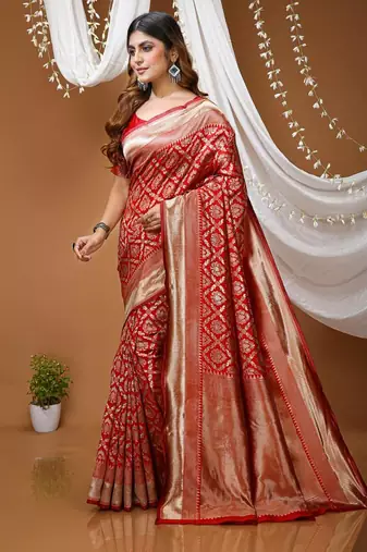 red silk blend zari saree with blouse