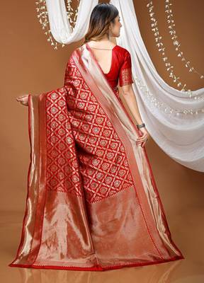 red silk blend zari saree with blouse 3