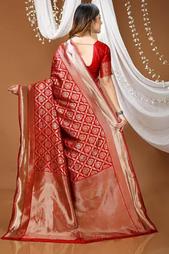 red silk blend zari saree with blouse