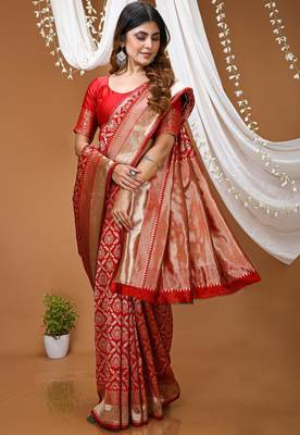 red silk blend zari saree with blouse 4