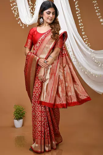 red silk blend zari saree with blouse