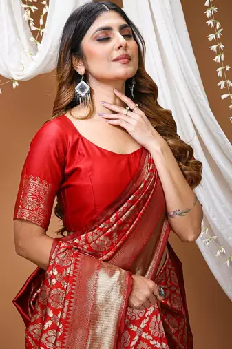 red silk blend zari saree with blouse