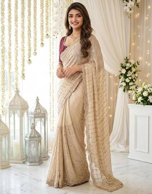 cream georgette embroidered saree with blouse 1
