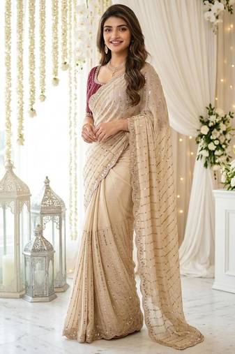cream georgette embroidered saree with blouse
