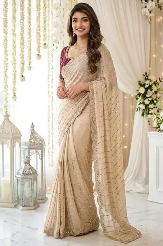 cream georgette embroidered saree with blouse
