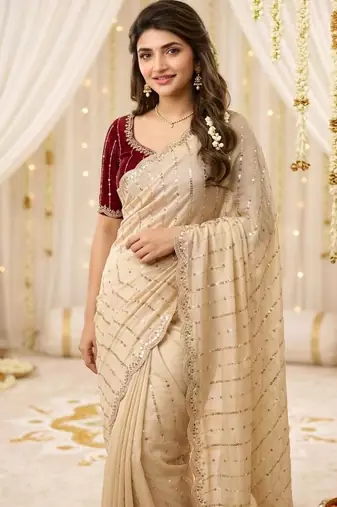 cream georgette embroidered saree with blouse