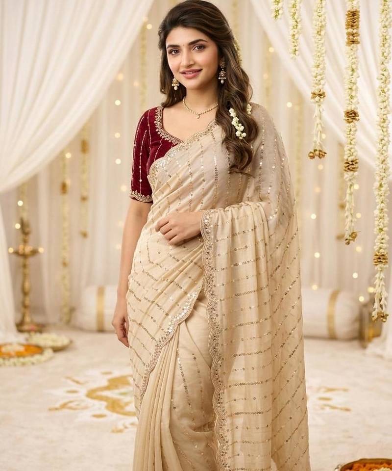 cream georgette embroidered saree with blouse