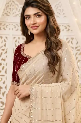 cream georgette embroidered saree with blouse