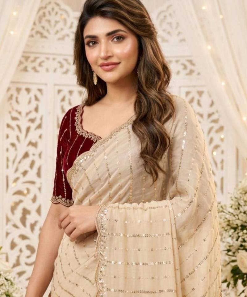 cream georgette embroidered saree with blouse