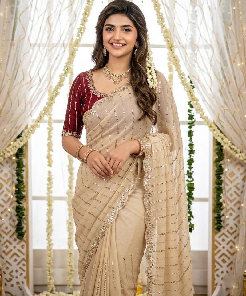 cream georgette embroidered saree with blouse