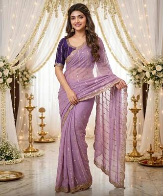 levender georgette embroidered saree with blouse 1
