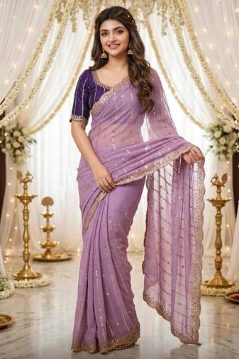levender georgette embroidered saree with blouse