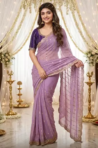 levender georgette embroidered saree with blouse