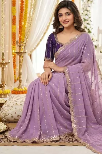levender georgette embroidered saree with blouse