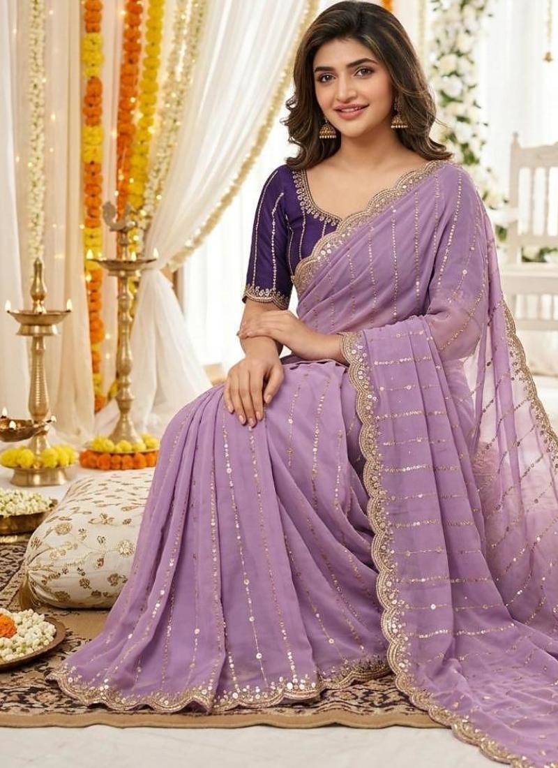 levender georgette embroidered saree with blouse
