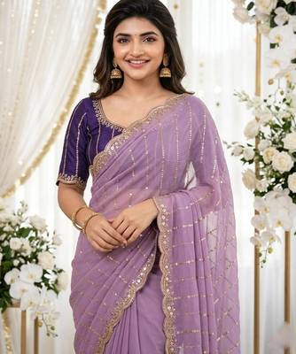 levender georgette embroidered saree with blouse 3