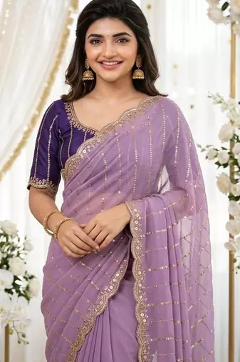 levender georgette embroidered saree with blouse