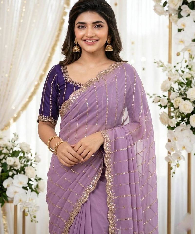 levender georgette embroidered saree with blouse