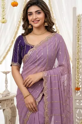 levender georgette embroidered saree with blouse
