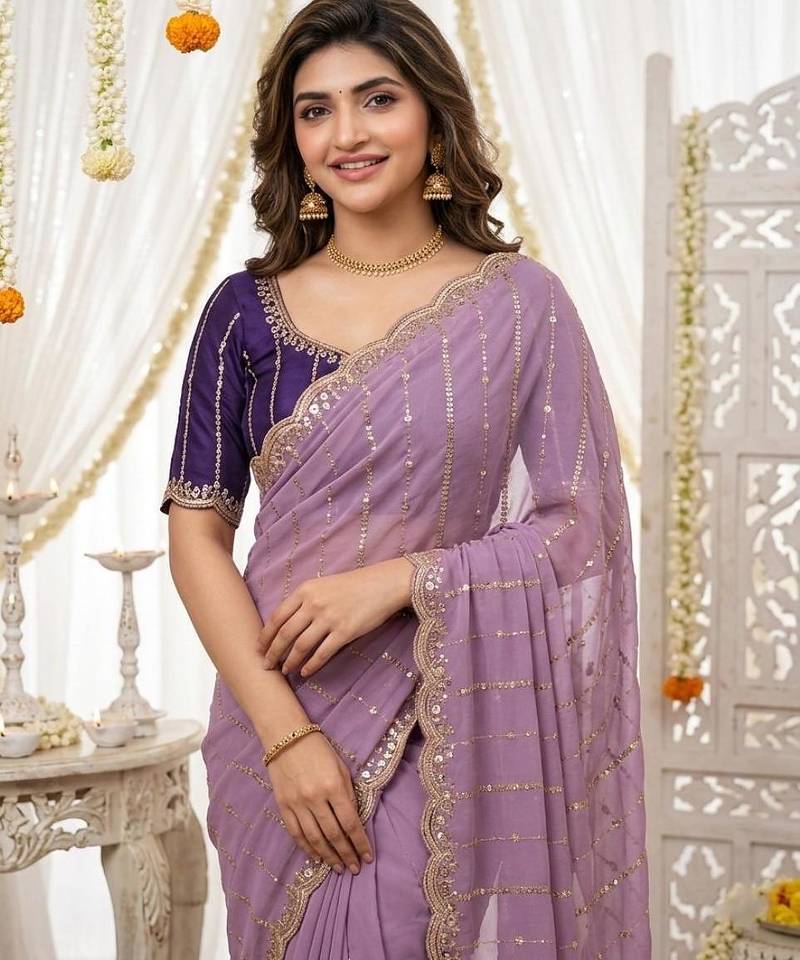 levender georgette embroidered saree with blouse