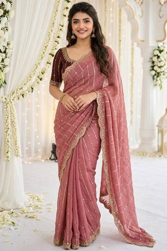 Pink color georgette embroidered work saree with un-stitch blouse
