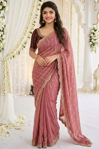 Pink color georgette embroidered work saree with un-stitch blouse