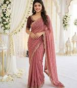 Pink color georgette embroidered work saree with un-stitch blouse