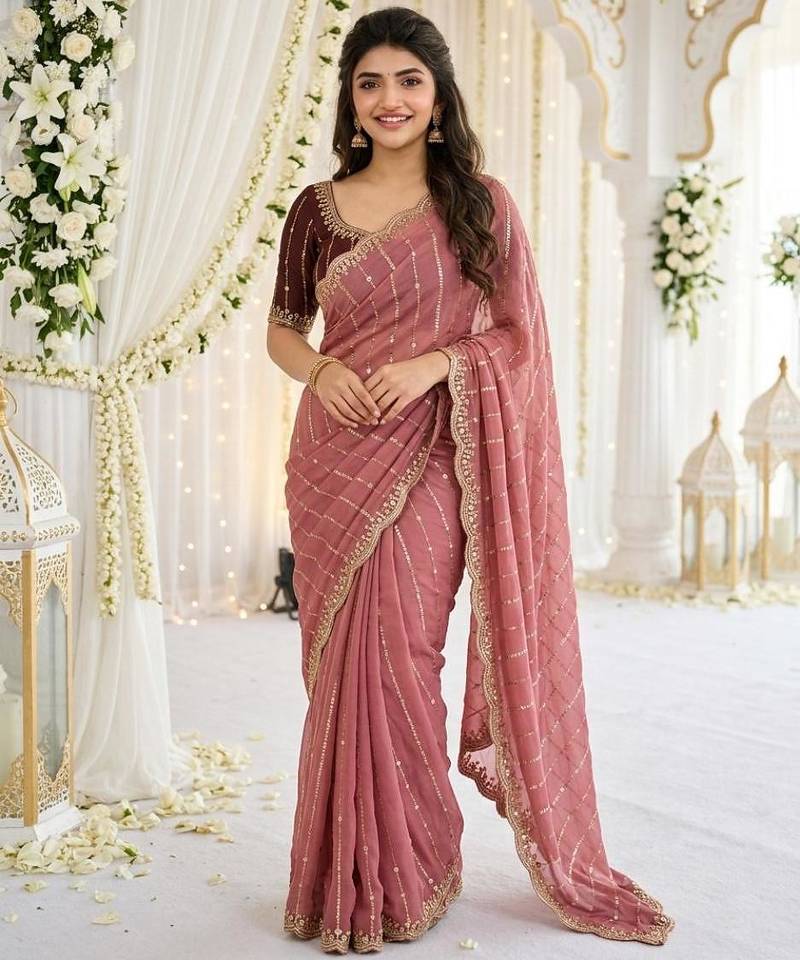 Pink color georgette embroidered work saree with un-stitch blouse