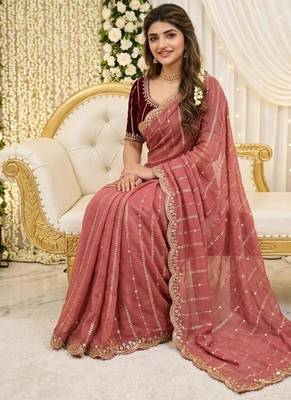 Pink color georgette embroidered work saree with un-stitch blouse 2
