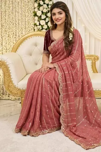 Pink color georgette embroidered work saree with un-stitch blouse