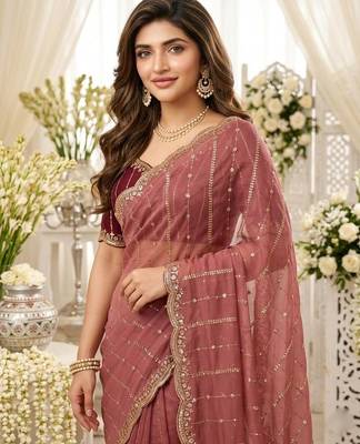 Pink color georgette embroidered work saree with un-stitch blouse 3
