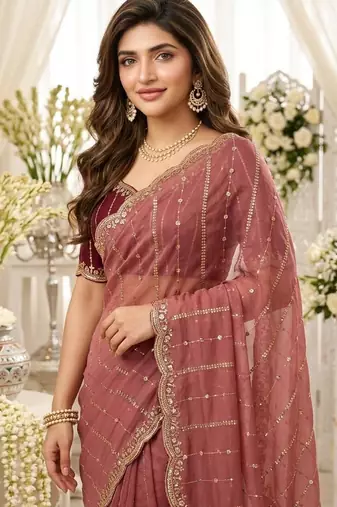 Pink color georgette embroidered work saree with un-stitch blouse