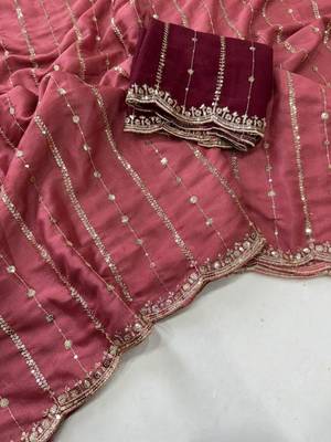 Pink color georgette embroidered work saree with un-stitch blouse 4