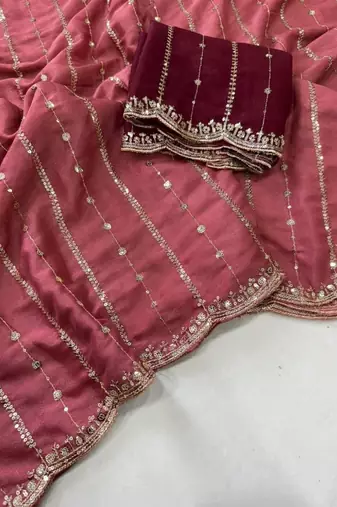 Pink color georgette embroidered work saree with un-stitch blouse