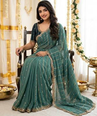 Rama color georgette embroidered work saree with un-stitch blouse 1