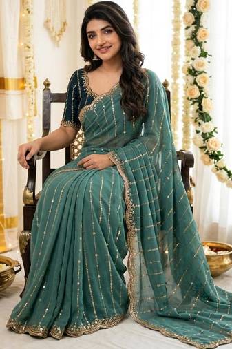 Rama color georgette embroidered work saree with un-stitch blouse