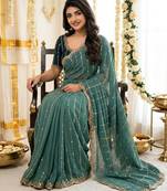 Rama color georgette embroidered work saree with un-stitch blouse